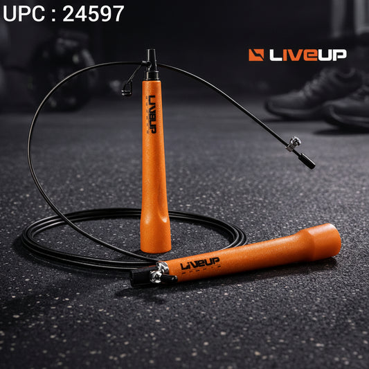 Orange跳绳 on a dark textured surface with 'LIVEUP' branding.