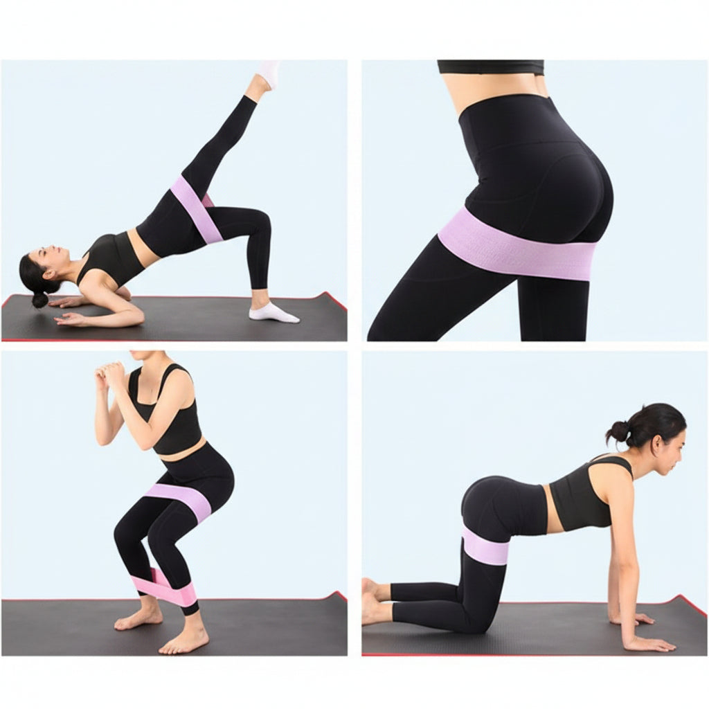 Person using a resistance band in various yoga poses on a white background with 'Ryoga' branding.