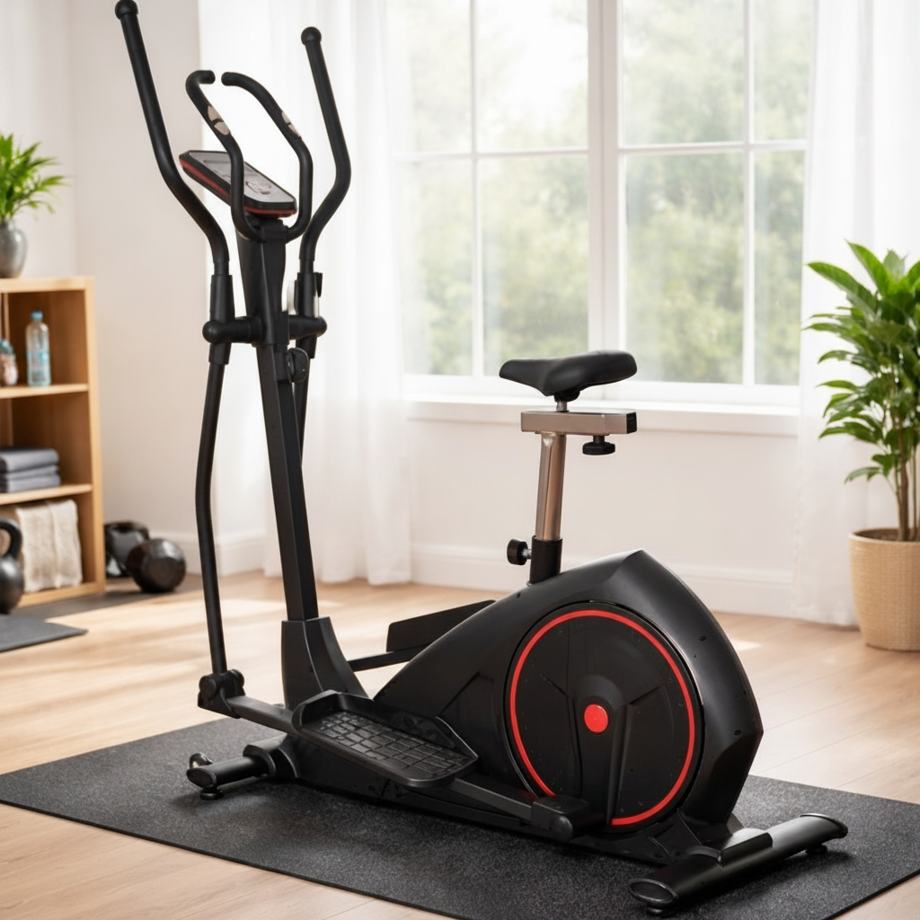 Exercise bike with elliptical cross trainer in a home setting
