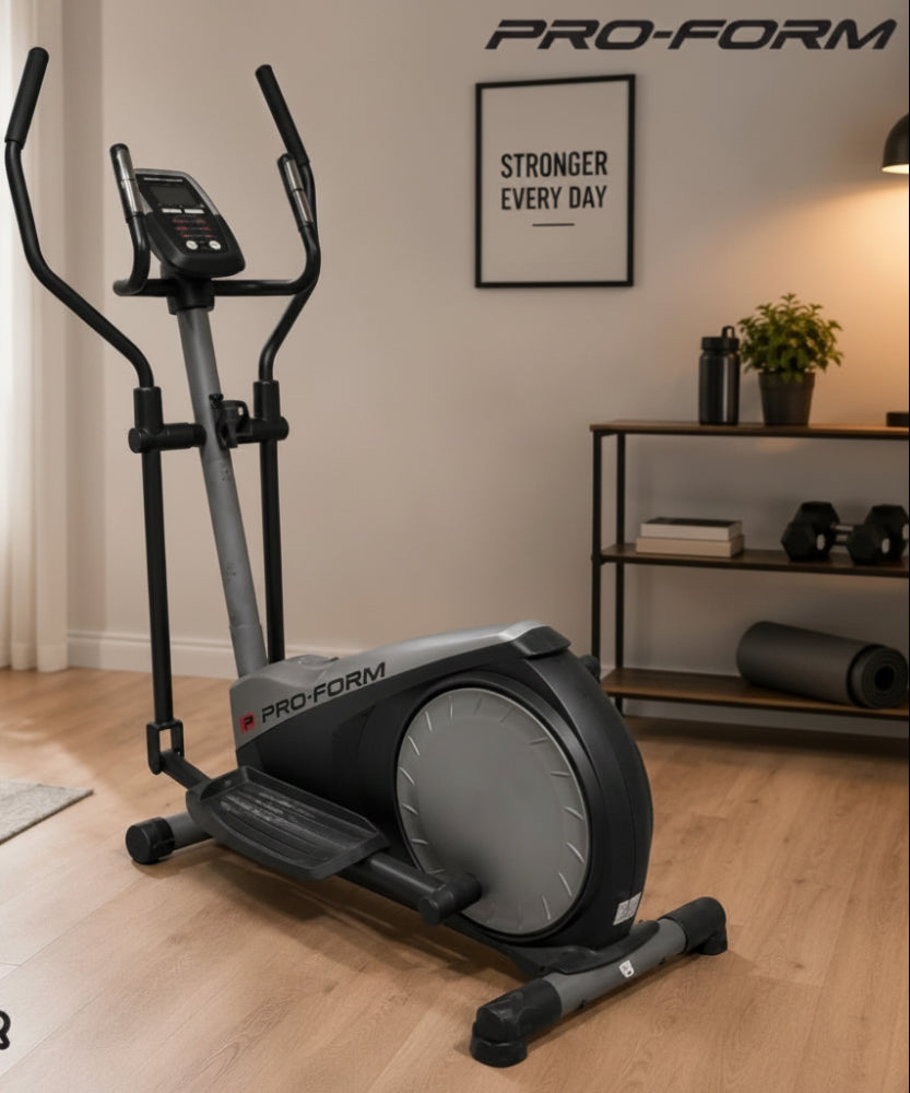 ProForm elliptical machine in a home setting with a 'Stronger Every Day' 