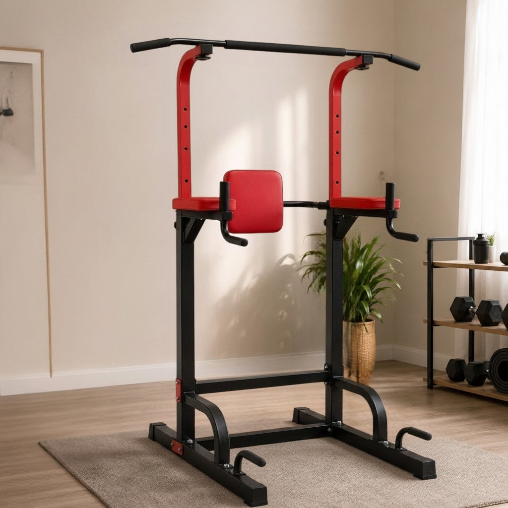 Pull-Up / Chin-Up Bar: Located at the top with multi-grip handles for working the back, shoulders, and arms.