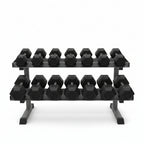 Set of black hexagonal dumbbells on a white background