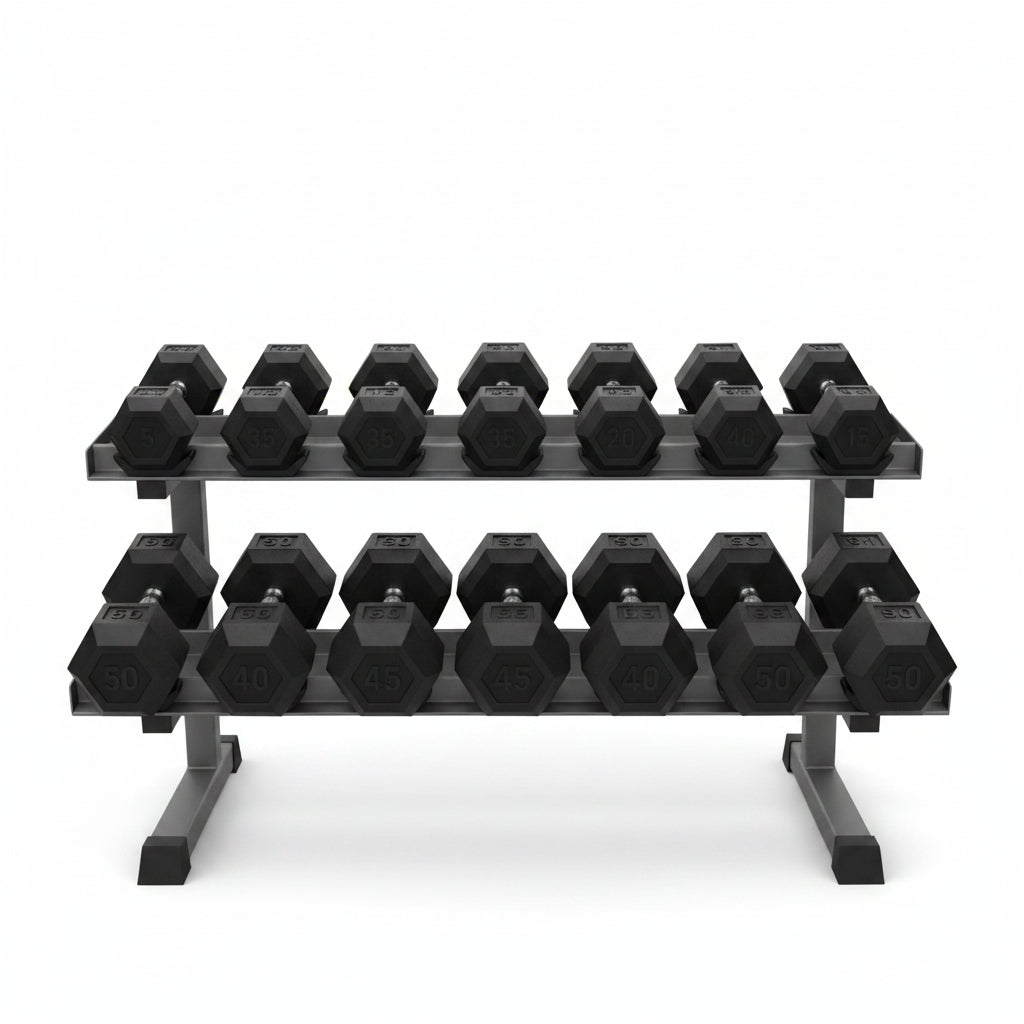 Set of black hexagonal dumbbells on a white background