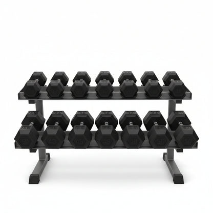 Set of black hexagonal dumbbells on a white background