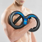 Man holding a black and blue exercise wheel against a white background