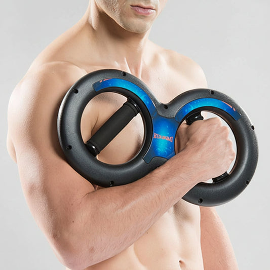 Man holding a black and blue exercise wheel against a white background