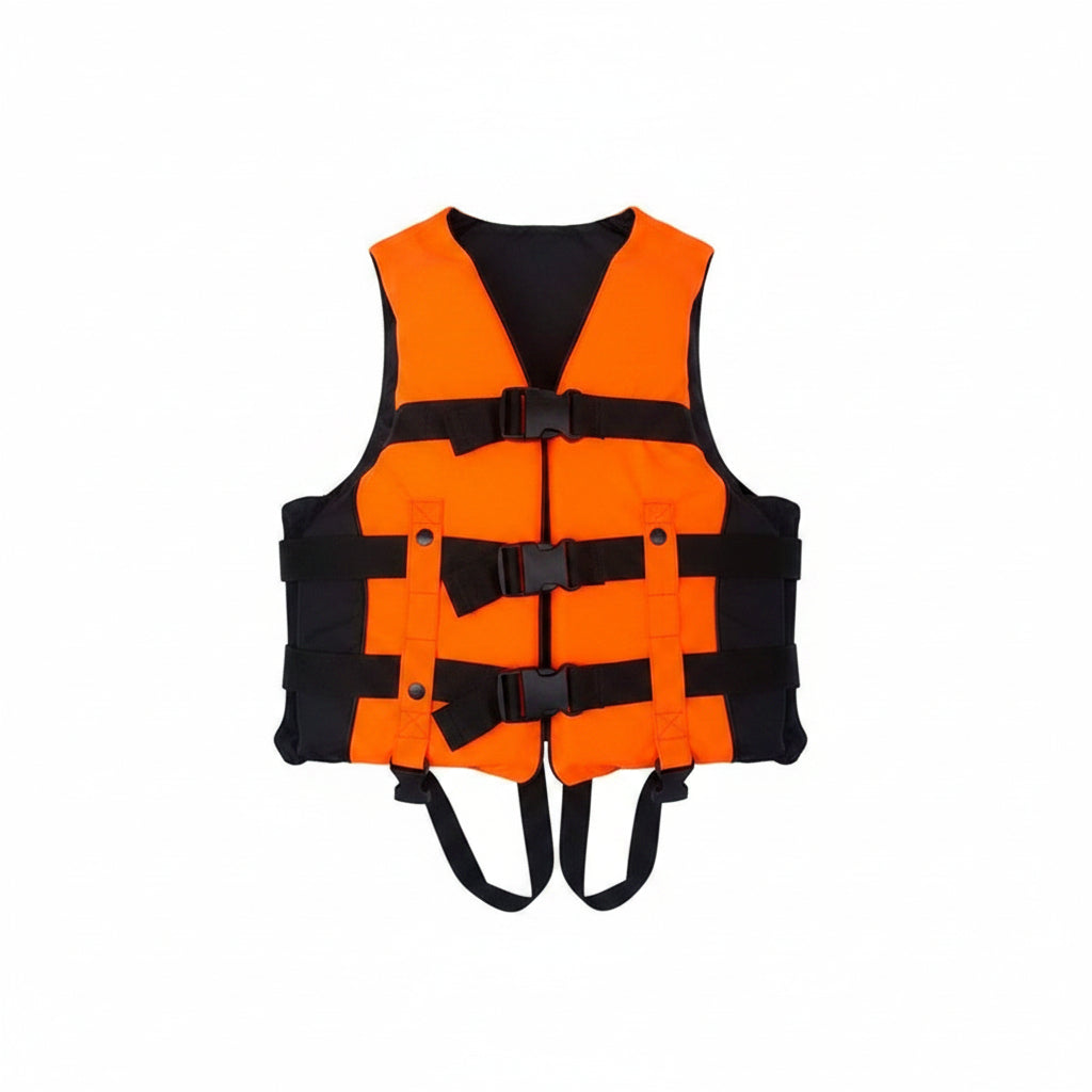 An orange and black life vest or harness-style safety garment laid flat on a white background, with visible black straps and buckle closures.