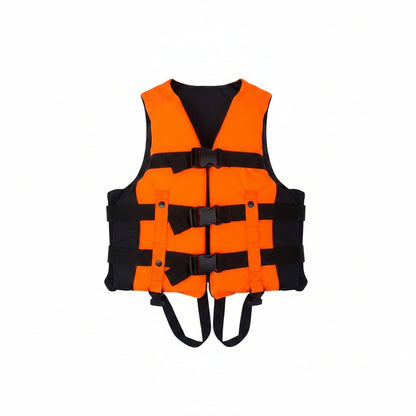 An orange and black life vest or harness-style safety garment laid flat on a white background, with visible black straps and buckle closures.