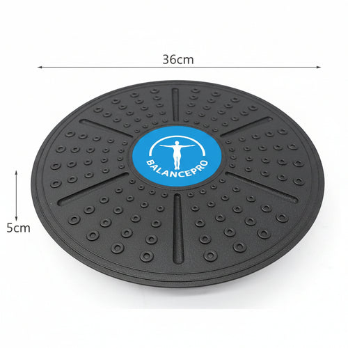 Black round mat with blue center and measurements on a white background