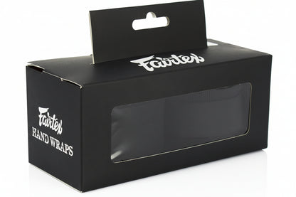 Black box packaging for Fairtex hand wraps with visible brand logo.