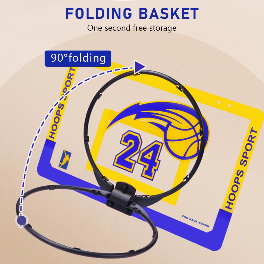 Black folding basketball hoop with a blue and yellow 'HOOPS SPORT 24' backboard, shown with text overlays highlighting its 90-degree folding feature on a beige background.