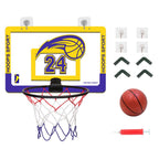 Los Angeles Lakers themed mini basketball hoop kit with a yellow and purple backboard, black rim, white and red net, a basketball, mounting hardware, and a pump on a white background.