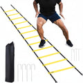 Person using a yellow and black agility ladder with a carrying bag on a white background