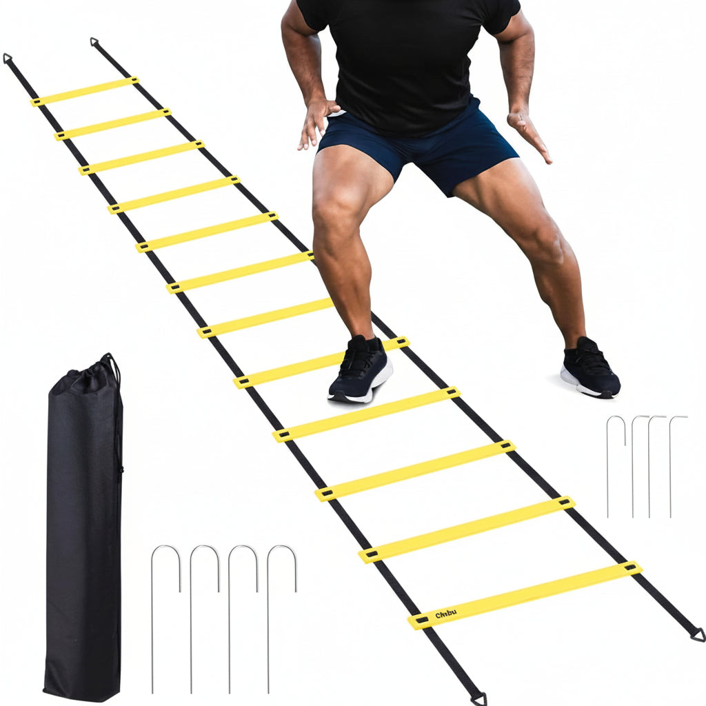 Person using a yellow and black agility ladder with a carrying bag on a white background