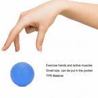 Hand holding a blue exercise ball with text on a white background