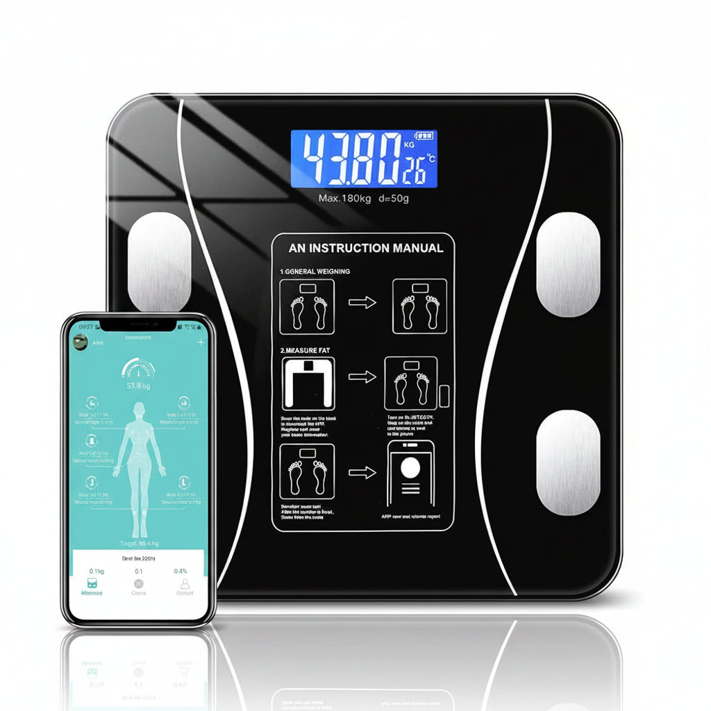 Digital body fat scale with smartphone app interface on a white background