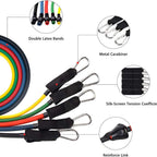 Colorful resistance bands with metal carabiners and other components on a white background