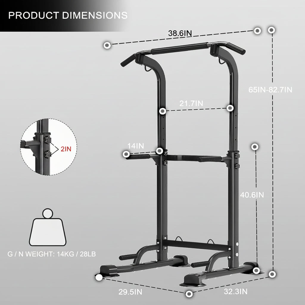 【LOW CEILING & SPACE-SAVING DESIGN】 – Adjustable height (65"–82.7") and a compact 6.6 sq. ft. footprint make this power tower ideal for apartments, bedrooms, basements, garages and other home gyms with limited space.
