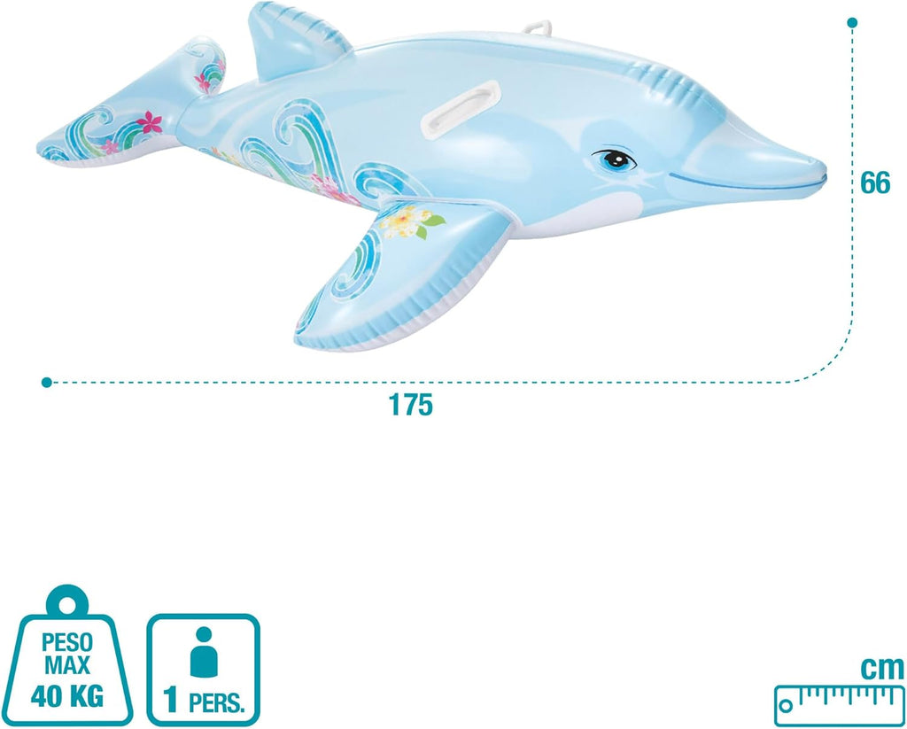 Inflatable dolphin pool toy with measurements and weight capacity on a white background