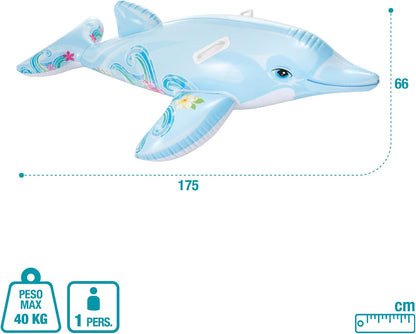 Inflatable dolphin pool toy with measurements and weight capacity on a white background