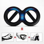Black and blue exercise wheel with additional images showing its use.