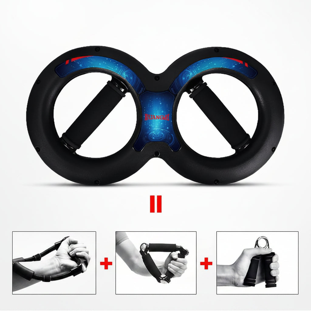 Black and blue exercise wheel with additional images showing its use.