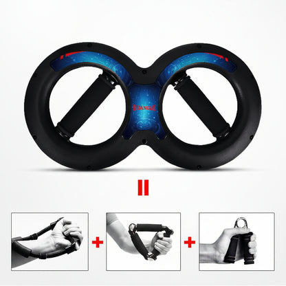Black and blue exercise wheel with additional images showing its use.