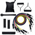 Collection of resistance bands and accessories on a white background