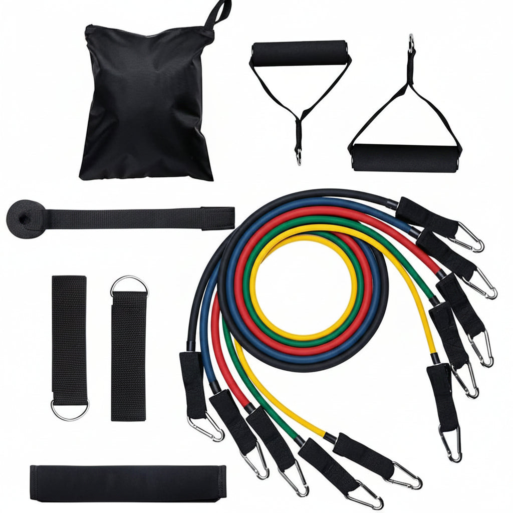 Collection of resistance bands and accessories on a white background