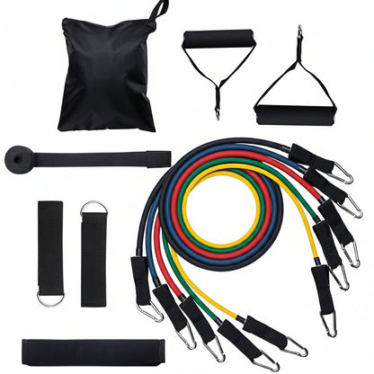 Collection of resistance bands and accessories on a white background