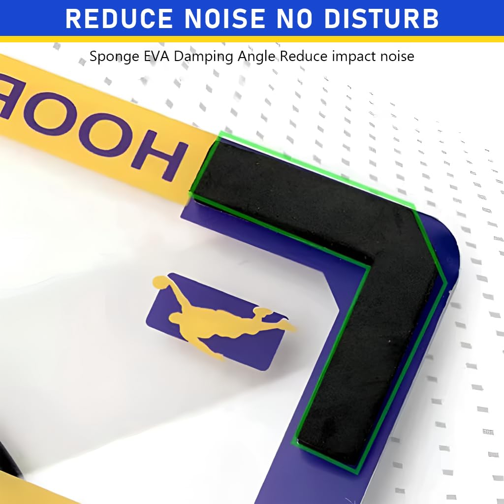 Close-up of a sports equipment corner support with a black foam damping insert and purple trim, shown on a white perforated background with a blue banner reading 'REDUCE NOISE NO DISTURB' and text about 'Sponge EVA Damping Angle Reduce impact noise.'.
