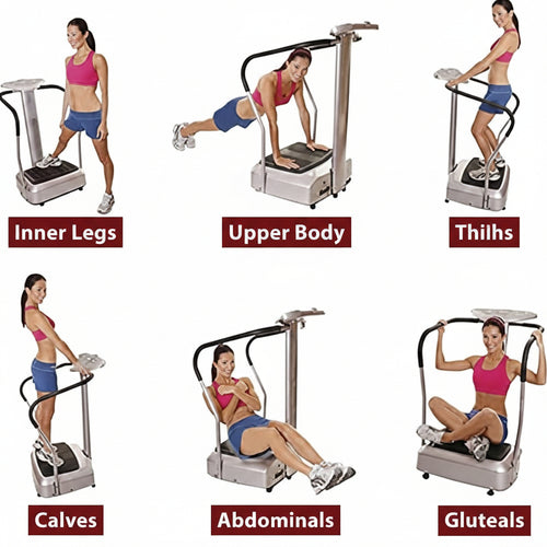 Woman using a vibration machine for different body parts on a white background