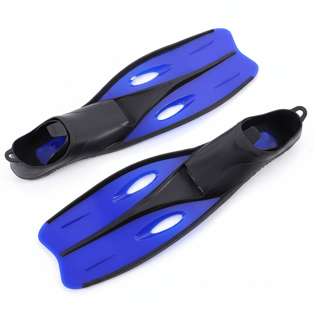 A pair of black and royal blue swim or diving fins on a plain white background.