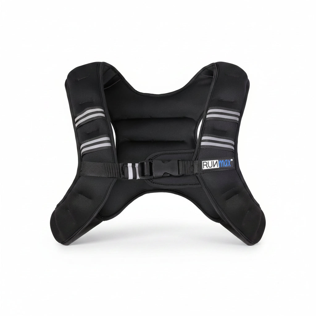 Black weight vest with reflective stripes and 'Runmax' branding on a white background