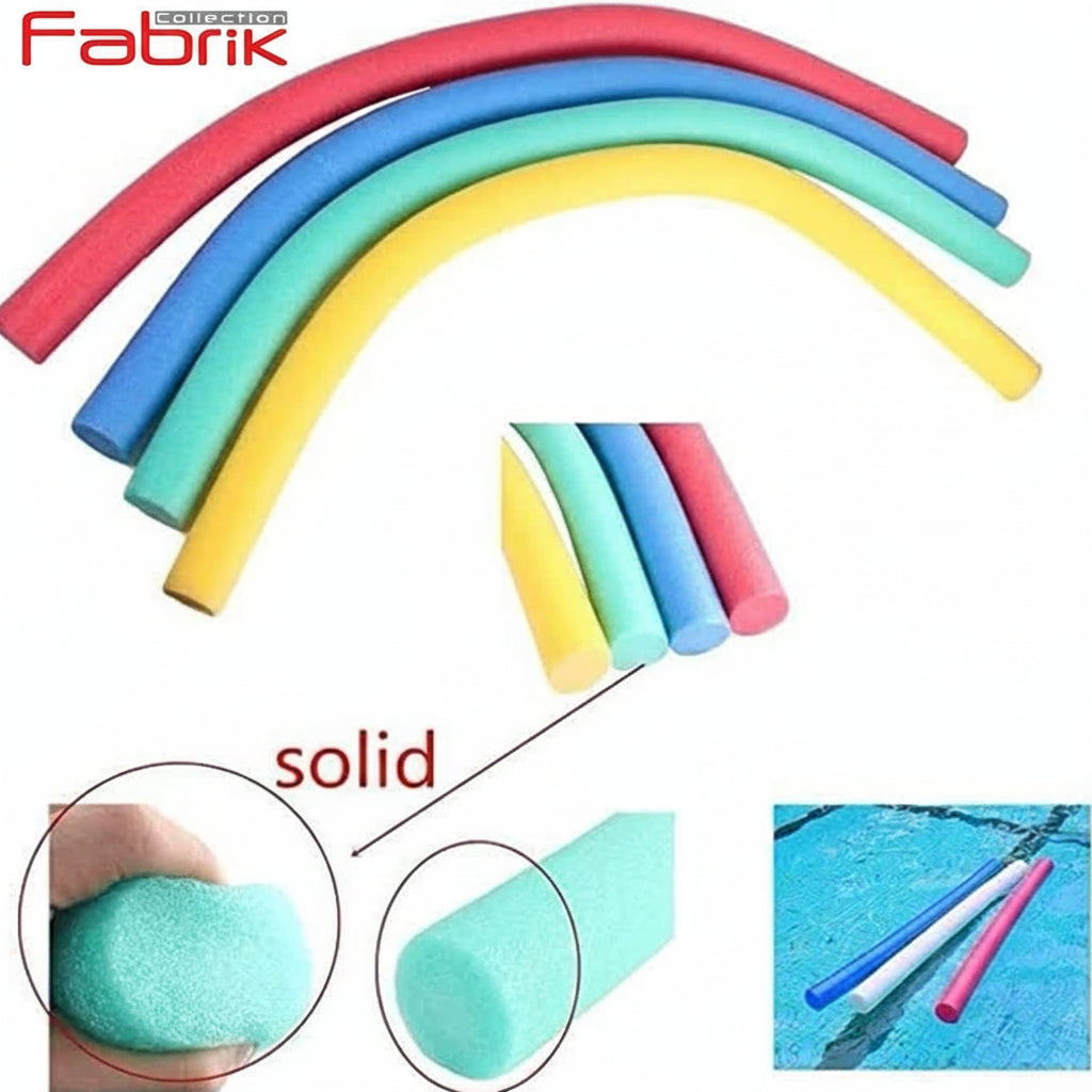 Colorful foam noodles with a hand holding one and a pool setting, branded 'Fabrik'.