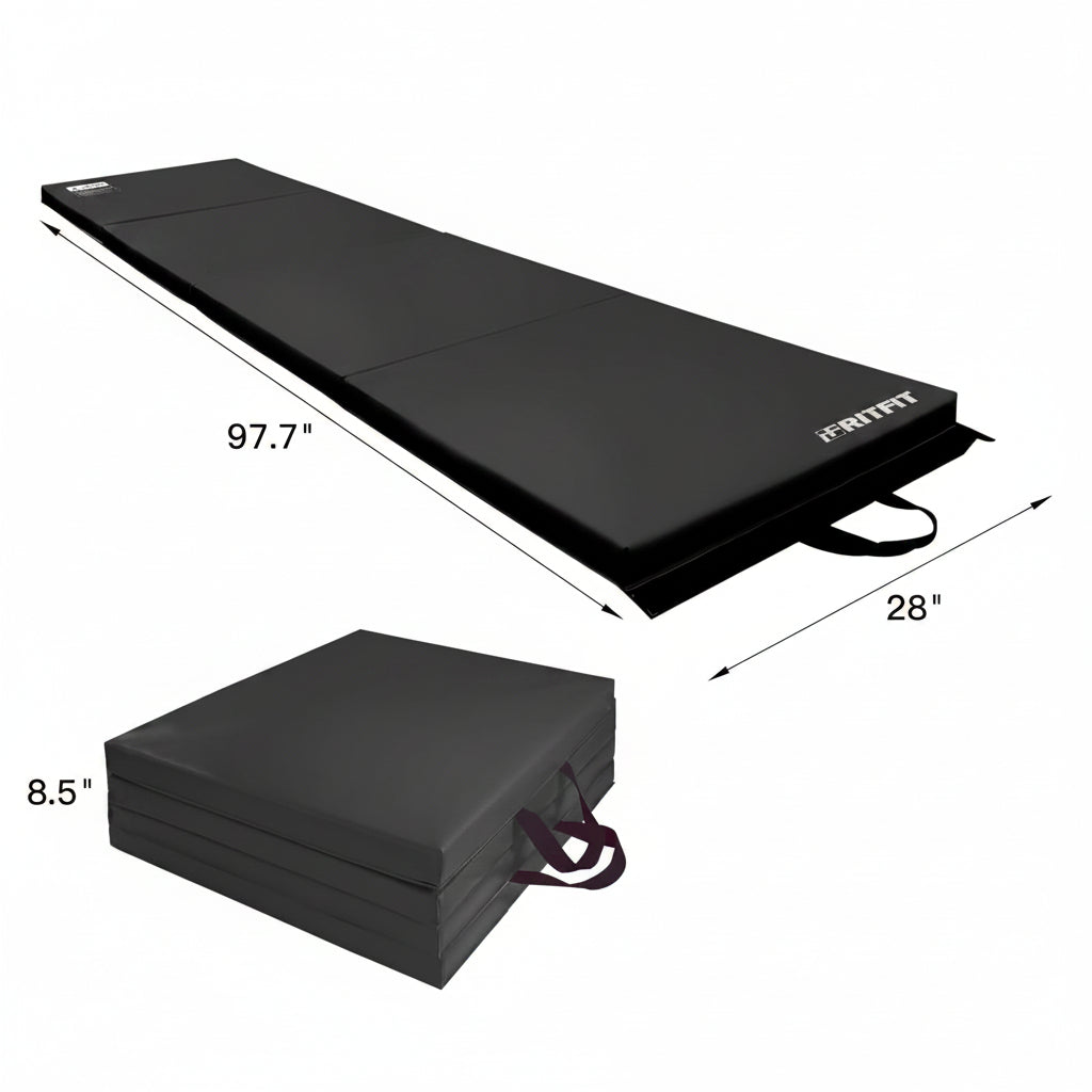 Black exercise mat with dimensions on a beige background