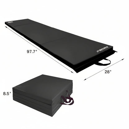 Black exercise mat with dimensions on a beige background