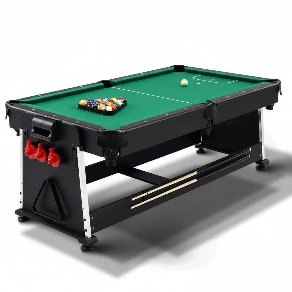 Air hockey table with black frame and white playing surface on a white background