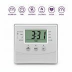 Digital display on a piece of exercise equipment with various measurement icons above it.