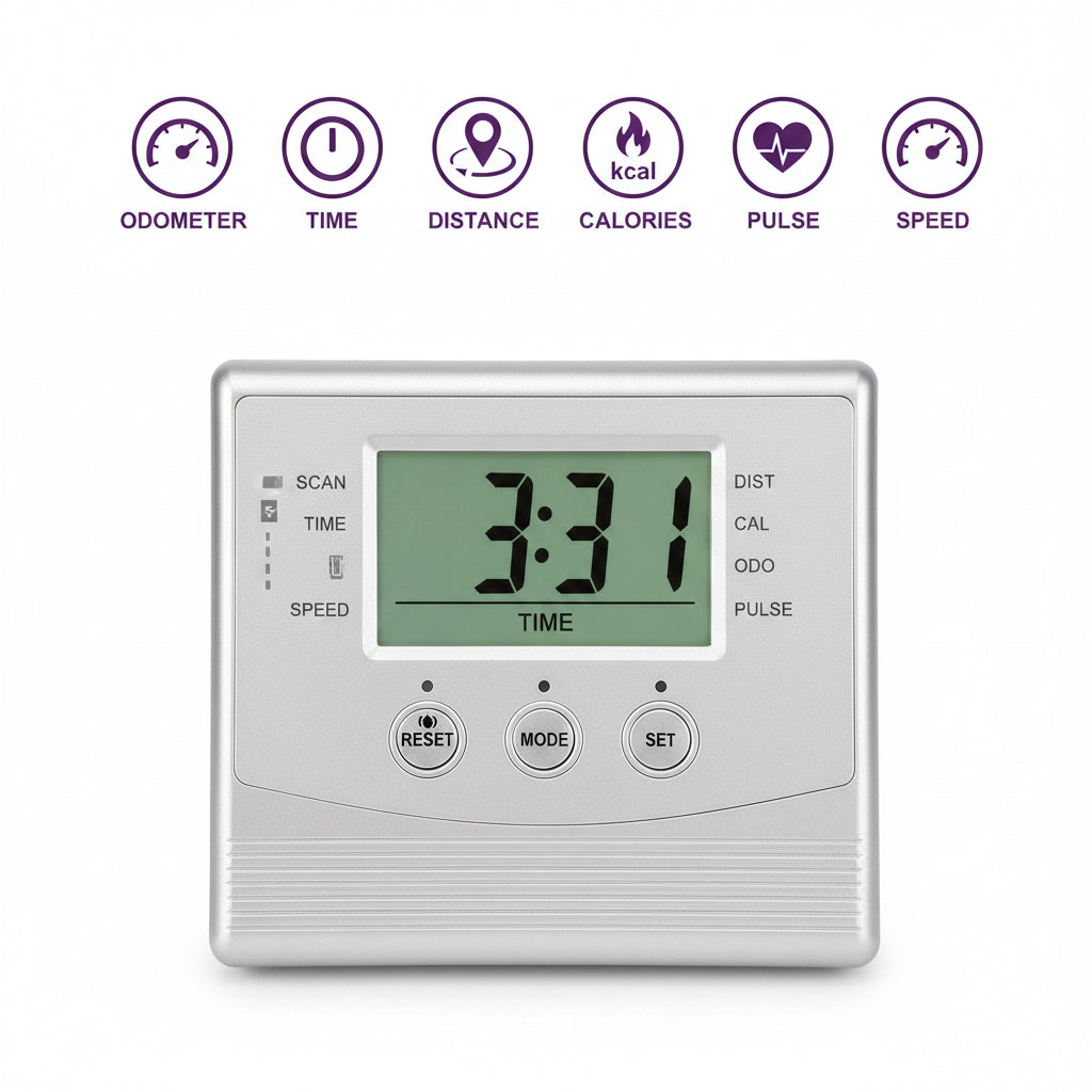 Digital display on a piece of exercise equipment with various measurement icons above it.