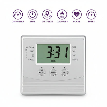 Digital display on a piece of exercise equipment with various measurement icons above it.