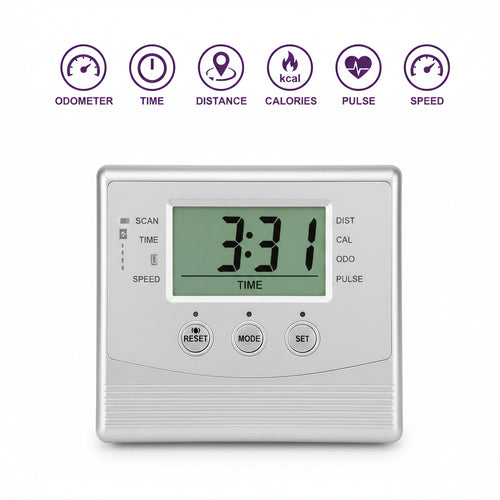 Digital display on a piece of exercise equipment with various measurement icons above it.