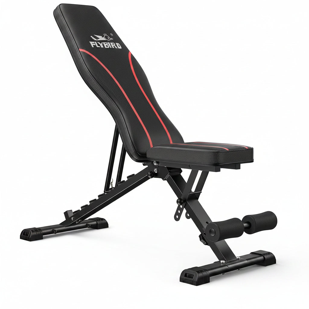 Black and red adjustable weight bench with Flybird branding on a white background