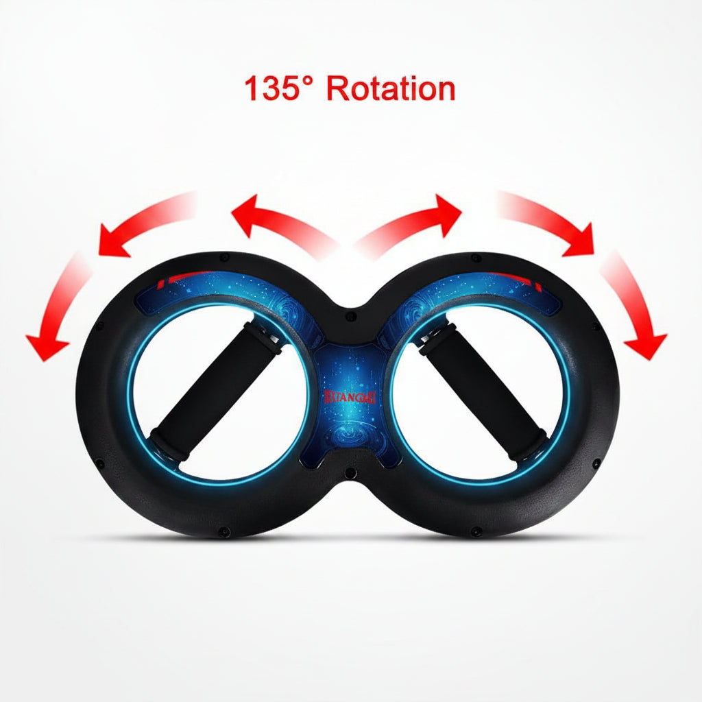 Black and blue wheel with 135-degree rotation arrows on a white background