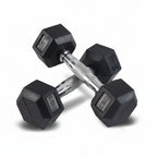 Pair of black hexagonal dumbbells with weight markings on a white background