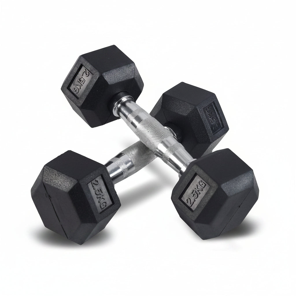 Pair of black hexagonal dumbbells with weight markings on a white background