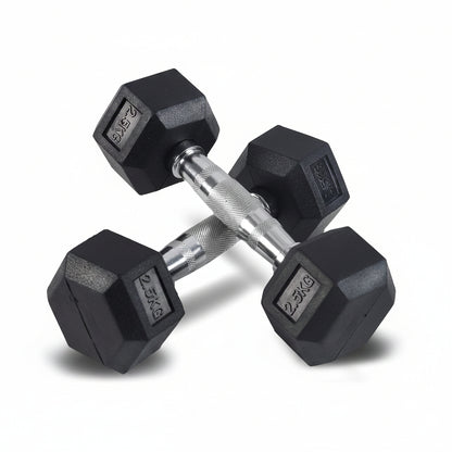 Pair of black hexagonal dumbbells with weight markings on a white background