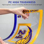 A hand holds a transparent protective sports shield with a yellow and blue design. The shield features the text 'HOOPS SPORT' and a large '24' basketball graphic.