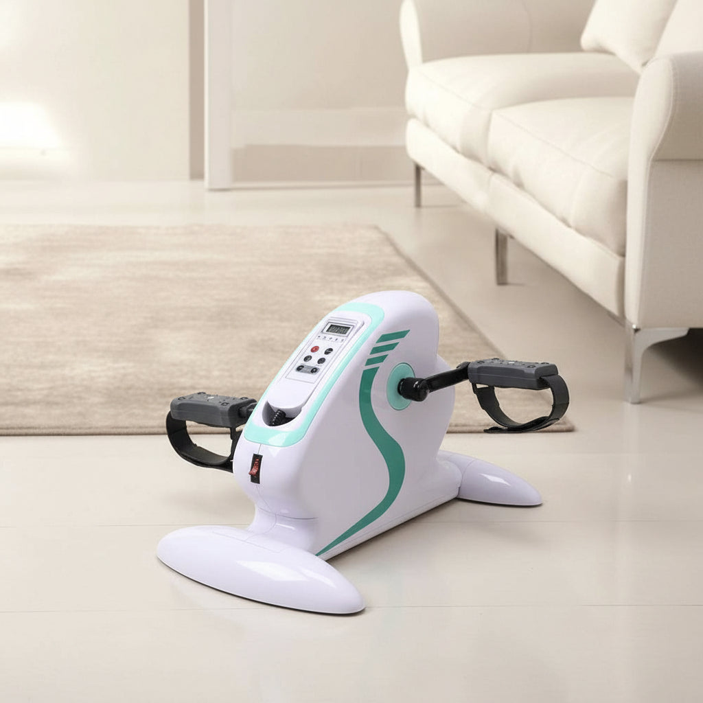 White and green exercise bike with text on benefits and features in a room setting.