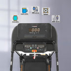 Treadmill control panel with digital display and various icons on a gray background